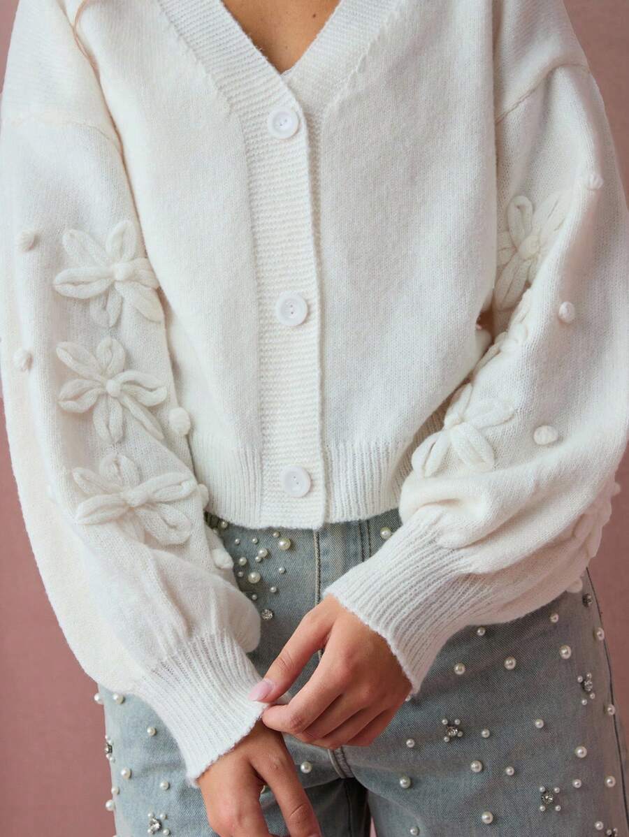 Enchnt Women's 3D Floral Decor Drop Shoulder Long Sleeve Knitted Cardigan In Fall/Winter - Apricot - View 1