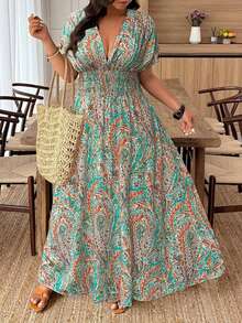 Weeklong Vestido de playa para mujer de talla grande con estampado floral aleatorio y cintura fruncida con lazo