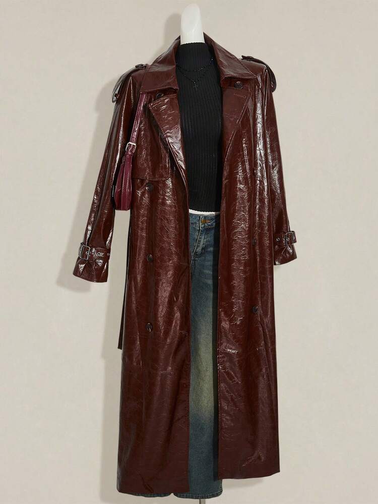 SHEIN ICON 女式纯色长袖 PU 皮夹克 - 酒紅色 - 查看 7