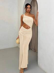 SHEIN BAE 女式夏季绿色度假不对称肩部修身性感镂空透视网眼连衣裙 - 杏色 - 查看 3