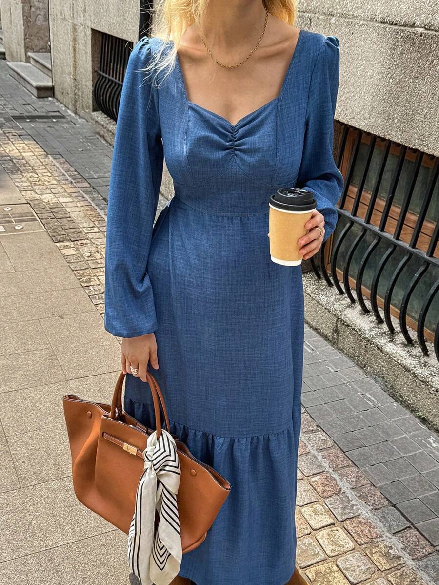 Elyressa Vestido elegante de mujer de unicolor con escote de corazón y fruncido - Azul - Ver 1