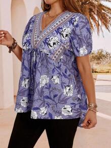 EMERY ROSE 加大码 V 领短袖花卉印花系带宽松休闲衬衫 - 紫色 - 查看 3