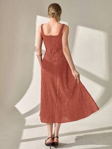 CLARA VERO Elegant Solid Color Hollow Embroidery Sleeveless Dress, Summer - Burnt Orange - View 2