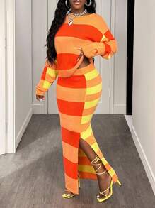 BamGleam 女式休闲条纹宽松上衣和条纹开衩下摆裙套装 - 香檳色 - 查看 3