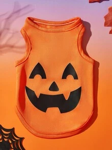 PETSIN 2pcs Pet Cat Dog Universal Halloween Orange Pumpkin Funny Expression Pattern Print Fashionable Breathable Comfortable Dog Vest, PETSIN Original Design