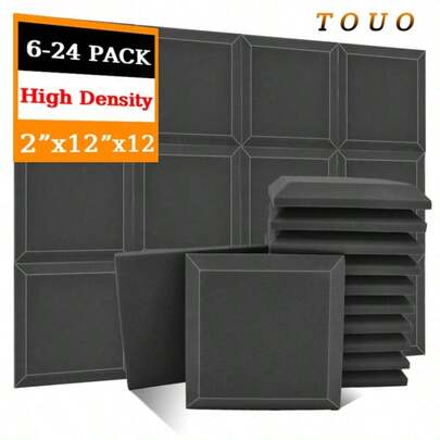 TOUO 6-24 片大号方形斜边吸音泡沫板 12 英寸 x 12 英寸 x 2 英寸/12 英寸 x 12 英寸 x 1.18 英寸，高密度隔音墙板，8 种颜色，工作室和卧室隔音处理，隔音家居配件