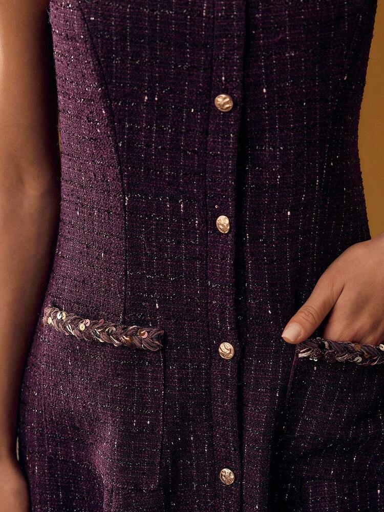 TWEED CONTRAST SEQUIN TRIM JACKET & BUTTON UP DRESS OUTFIT SET