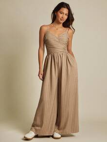 WESTFADE Tonal Striped Woven Surplice V Neck Smocked Back Tie Waist Sleeveless Wide Leg Utility Jumpsuit Fall Clothes For Women, Autumn, Winter, Country Concert Outfit, Boho, Western Wear, Casual, Cute, Nashville Cowgirl - Brown - View 1