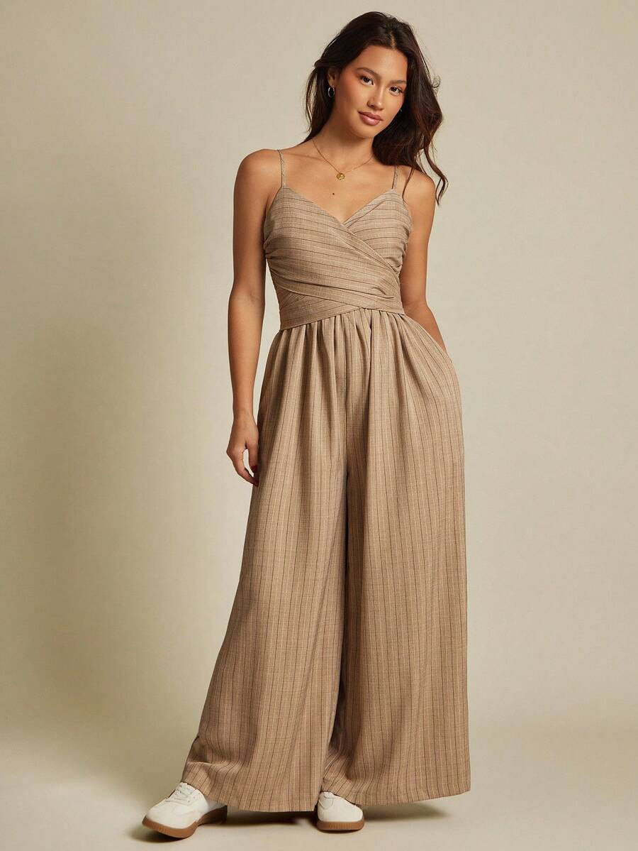 WESTFADE Tonal Striped Woven Surplice V Neck Smocked Back Tie Waist Sleeveless Wide Leg Utility Jumpsuit Fall Clothes For Women, Autumn, Winter, Country Concert Outfit, Boho, Western Wear, Casual, Cute, Nashville Cowgirl - Brown - View 1