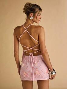 SHEIN BAE Women's Summer Textured Floral A-Line Skirt,Pink Skirts,Women's Summer Short Skirts, Women's Sexy Club Wear, Women's Concert Wear,Holiday Beach Skirt,Loral Embroidery Decorative Skirt - Pink - View 2