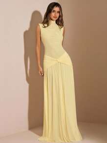 SHEIN BAE 秋季纯色黄色高领无袖紧身长喇叭裙，黄色连衣裙，奶油黄色连衣裙，生日连衣裙，约会连衣裙，节日派对连衣裙，宴会连衣裙 - 黃色 - 查看 6