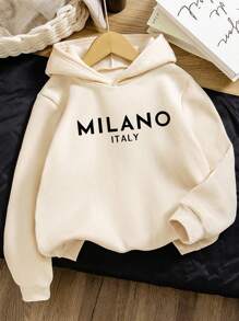 SHEIN Girls' Apricot Long Sleeve Hooded Sweatshirt, Casual Fashion Creative Simple Letter Slogan & Milano Print Pattern, Basic Round Neck Pullover Hoodie Teen Girl Hoodie Cute Hoodies Hoodies For Teens Cream Hoodie Cotton Hoodie Fall Winter - Khaki - View 3