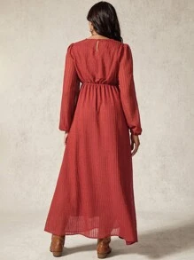 Boho Mama Maternity Solid Color Round Neck Lantern Sleeve Casual Dress - Red - View 2