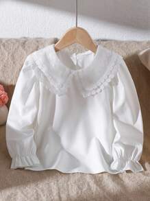 女孩优雅蕾丝边刺绣双层彼得潘领长袖休闲公主衬衫，适合度假、旅行、派对、生日礼物，春秋季 - 白色 - 查看 6