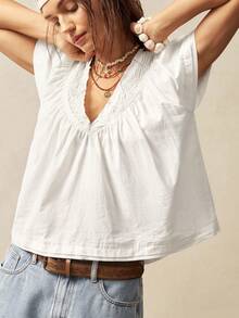 Bohemela 纯色V领宽松女式衬衫 - 白色 - 查看 8