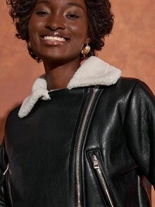 Bóhologie Faux Leather Jacket With Asymmetric Front Zipper, Sherpa Fleece Lining On Collar And Cuffs, Two Zippered Side Pockets, Edgy And Warm Outerwear - Black - View 5