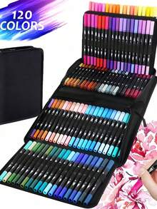 SHEIN 168/120/100/80/72/60/48/36 PCS Double Tip Marker Pen Set Washable Brush Pen Art Supplies No Bleed Through Paper Waterproof Vibrant Colors Professional Artist Markers DIY Graffiti Drawing Tools Sketching Coloring Set Perfect Gift For Back To School Art Collection - Multicolor - View 19