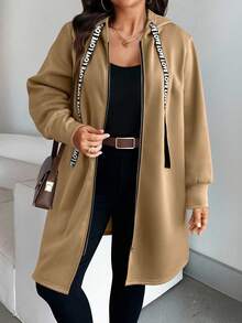 EMERY ROSE Plus Size Women Long Sleeve Zip Front Letter Drawstring Hooded Fleece Casual Jacket Winter Fall Autumn - Khaki - View 3