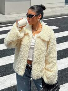 Muchica Women's Butter  Yellow Teddy Fleece Lapel Regular Jacket, Autumn/Winter New Arrival