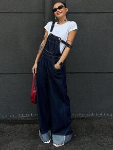 Livesso 女式休闲水洗卷边牛仔背带裤工装裤 - 黑色 - 查看 5