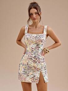 SHEIN BAE 优雅亮片花卉细肩带迷你连衣裙，缀饰花卉吊带裙，适合度假、音乐节、生日、早午餐、婚礼宾客装束、伴娘、秋冬 - 彩色 - 查看 4