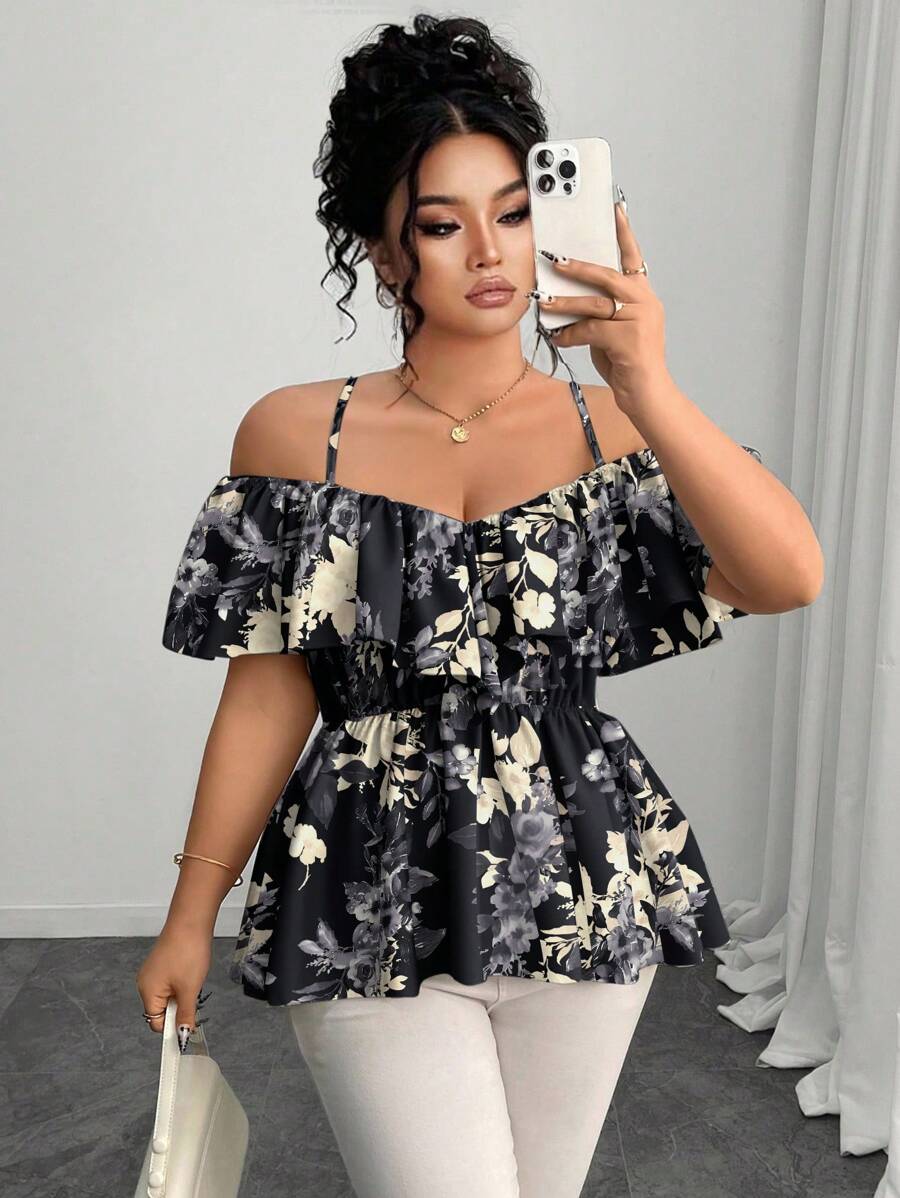 Elenzga Plus Size Elegant Off Shoulder Ruffle Hem A-Line Blouse, Spring/Summer - Black - View 1