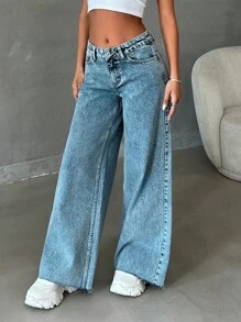 SHEIN PETITE 100%纯棉低腰毛边雪花洗阔腿牛仔裤