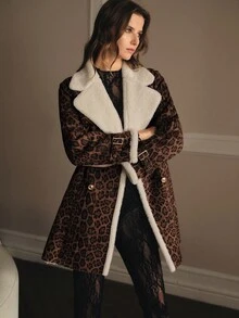 MOTF PREMIUM LEOPARD PRINT CONTRAST TEDDY PANEL BELTED FAUX FUR COAT - Multicolor - View 5