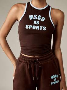 MISSGUIDED MSGD Athletic Racer Back Tank Top Women Halter Neck Crop Top Summer Workout Gym Sports Running Sleeveless Active Wear Fitted Exercise Training Vest