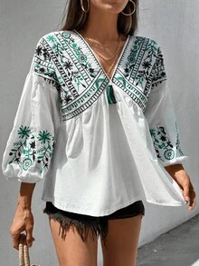 SHEIN Cottnline Blouse With Flower Embroidery, Lantern Sleeves - White - View 7