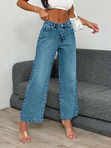 EURMUSE High Waist Light Wash Crop Straight Jean - Baby Blue - View 7