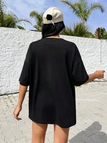 EURMUSE 100% 纯棉胸前钩针贴花休闲超大圆领 T 恤 - 黑色 - 查看 2