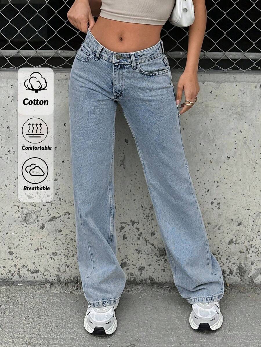 EURMUSE 100%Cotton Petite Low Waist Wide Leg Jeans - Light Wash - View 1