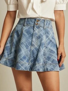 WESTFADE 中腰纽扣前西部接缝 A 字格子交叉提花牛仔迷你裙 - 中等水洗藍 - 查看 6