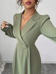 Selianne 女式束腰无袖 A 字形拉链度假波西米亚风优雅翻领连衣裙，女士优雅服装，秋冬连衣裙，外出连衣裙，秋季女装，冬季朴素女装 - 綠色 - 查看 3