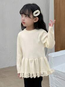 DAZY Young Girls Round Neck Ruffle Hem Loose Long Sleeve Sweater - Apricot - View 6