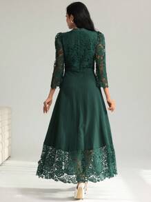 Modelyn Yellow Eyelet Embroidery Patchwork Maxi Long Sleeve Dress For Women - Dark Green - View 4
