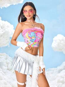 SHEIN X Care Bears 女款 Y2K 可爱小熊印花拼接蓬松修身短款抹胸，夏季 - 粉色 - 查看 4