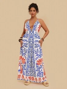 Travachic Plus Size Women's Blue & White Tropical Plant Print Jumpsuit, V-Neck Sleeveless Long Wide Leg Jumpsuit With Pockets Chic Women's Jumpsuit  Country Concert Outfit - Blue and White - View 2