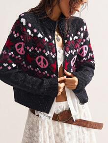 Bohemela Cárdigan con cremallera y mangas raglán con patrón geométrico para mujer en otoño/invierno - Negro - Ver 2