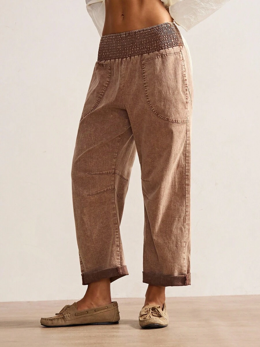 Bohemela 女士休闲纯色梭织宽松低腰裤，秋冬波西米亚风 - 棕色 - 查看 1