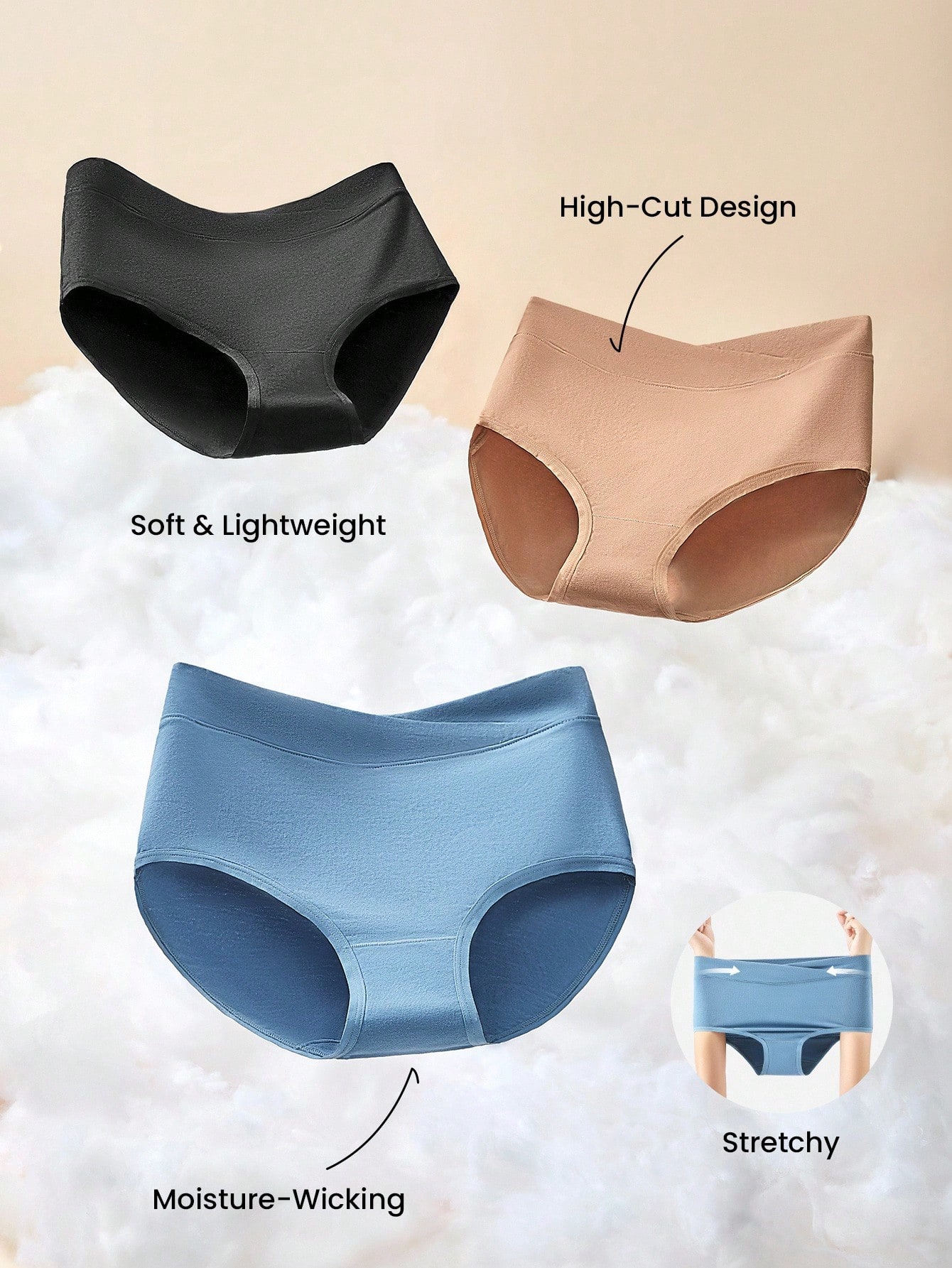 Paquete de 3 bragas de algodón de cintura alta para mujer, ropa interior - Colores pastel