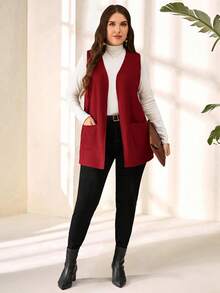 EMERY ROSE Plus Size Solid Color Sleeveless Loose Pocket Simple Casual Coat,Spring/Summer,Vacation / Vacation Autumn Winter - Red - View 3