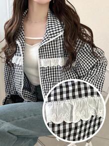 FRIFUL Jaqueta Casual Feminina de Viagem com Babado Xadrez