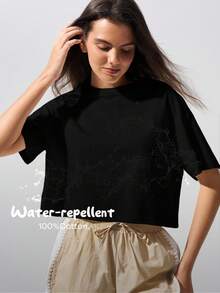 Fluxe Camiseta casual impermeable de mujer de unicolor, cuello redondo, hombros caídos y manga corta