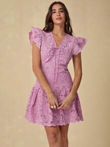 Enchnt Autumn And Winter Women's Elegant Purple Floral Embroidery V-Neck Ruffle Hem Mini Dress, Sweet&Elegant For Birthday& Holiday Party&Sweet Date Night&Daily Commuting&Vacation&Graduation Season&Afternoon Tea&Garden Parties&Going Out,Back To School,Fall Outfits For Women