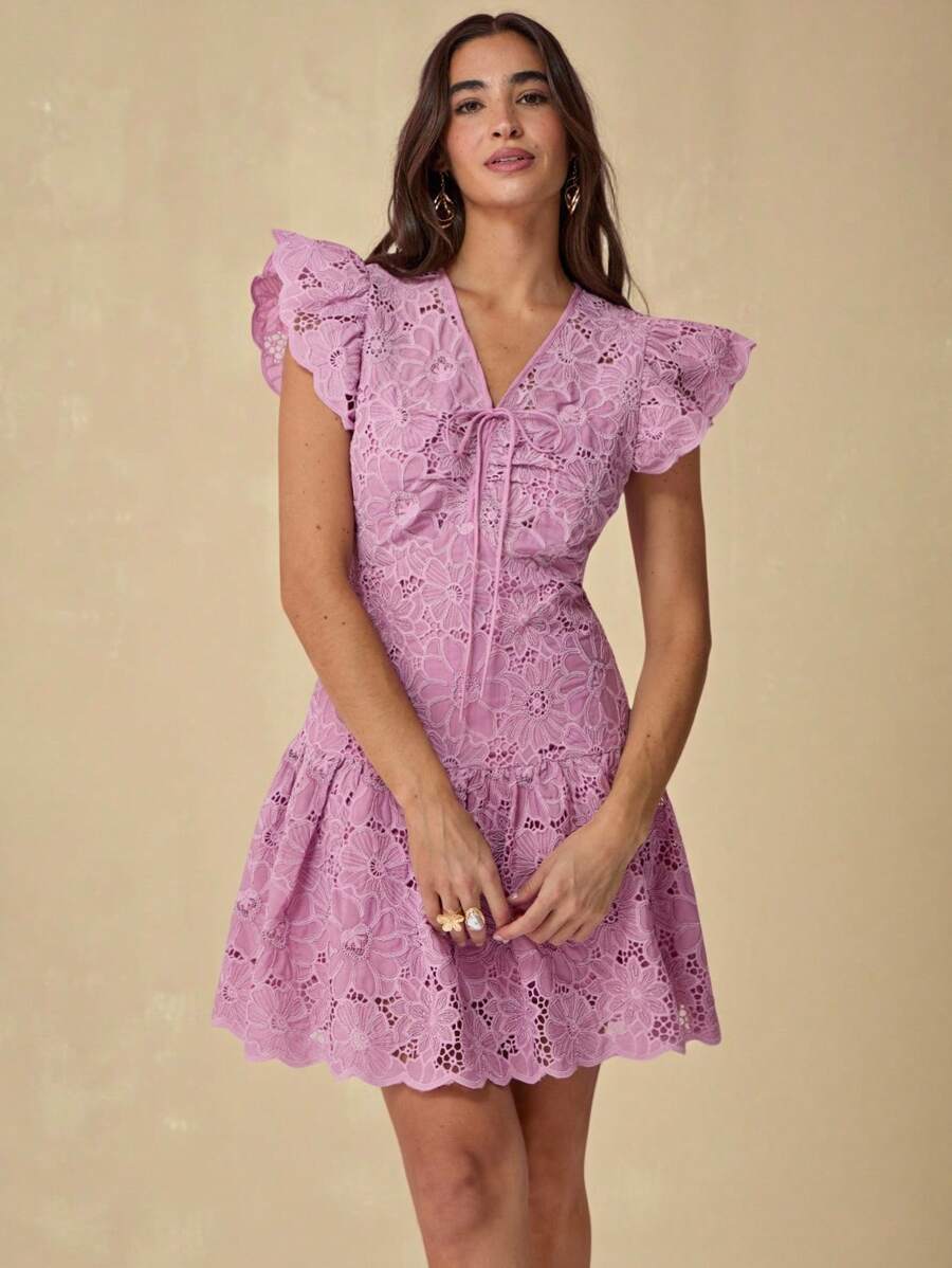 Enchnt Autumn And Winter Women's Elegant Purple Floral Embroidery V-Neck Ruffle Hem Mini Dress, Sweet&Elegant For Birthday& Holiday Party&Sweet Date Night&Daily Commuting&Vacation&Graduation Season&Afternoon Tea&Garden Parties&Going Out,Back To School,Fall Outfits For Women