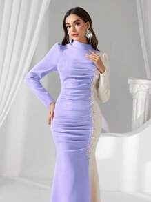 Coutiva High-End Evening Gown Formal Dress With Rhinestone Colorblock Design, Elegant Luxury Quality Fashionable - Mauve Purple - View 5