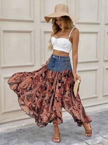 Vivid Eden 女式休闲牛仔裙，拼布设计 - 深色水洗藍 - 查看 4