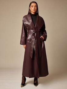 Silquee 女士纯色时尚长款翻领风衣长款外套女士长款外套皮革外套仿皮外套皮革风衣女秋冬长款外套 - 酒紅色 - 查看 6